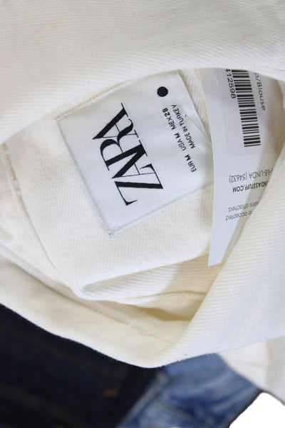 Zara Women Cropped Cotton Collared 3/4 Sleeve White Blouse Size M