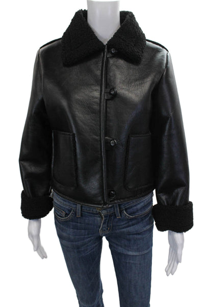 Zara Women Bomber Jacket Faux Leather Black Button Size XS