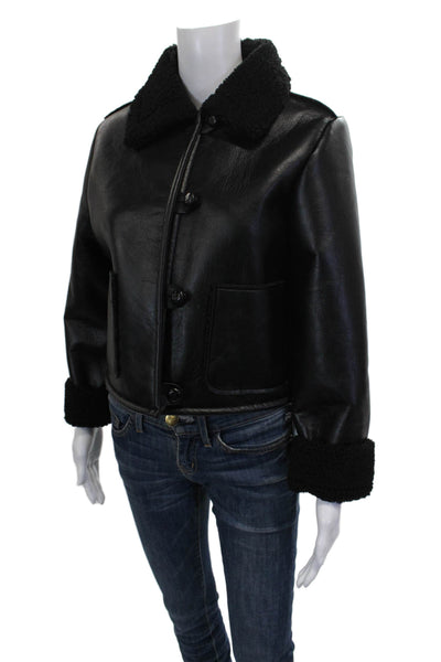 Zara Women Bomber Jacket Faux Leather Black Button Size XS