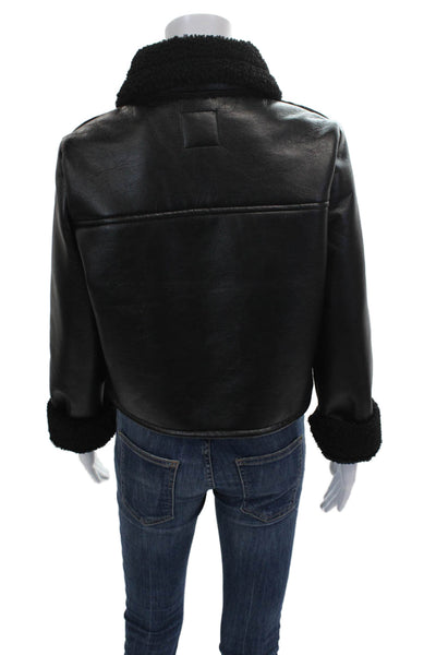 Zara Women Bomber Jacket Faux Leather Black Button Size XS