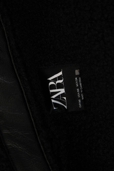 Zara Women Bomber Jacket Faux Leather Black Button Size XS