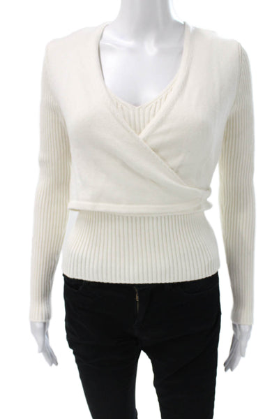 Toccin Women White Cotton V-Neck Wrap Sweater Long Sleeve Size S