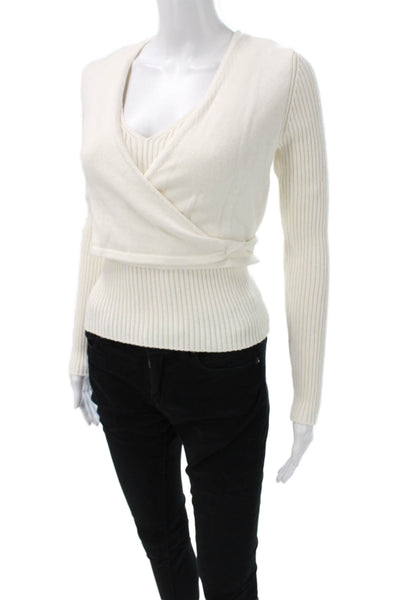 Toccin Women White Cotton V-Neck Wrap Sweater Long Sleeve Size S