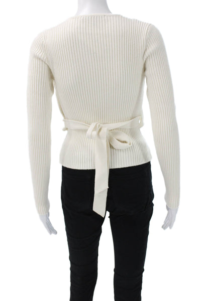 Toccin Women White Cotton V-Neck Wrap Sweater Long Sleeve Size S