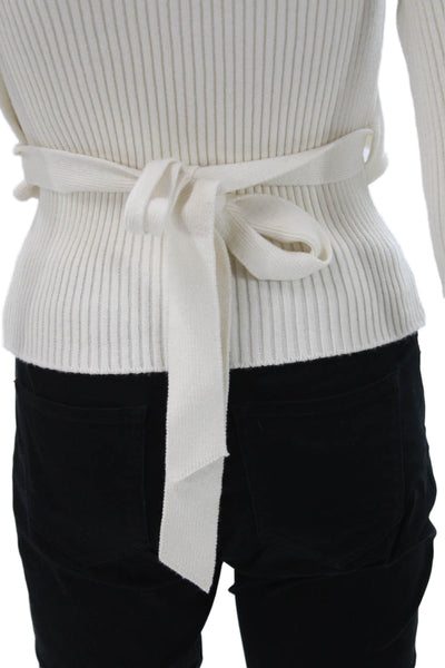 Toccin Women White Cotton V-Neck Wrap Sweater Long Sleeve Size S