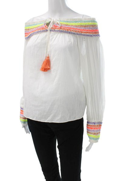 Alice + Olivia Women White Cotton Off the Shoulder Long Sleeve Blouse Size XS