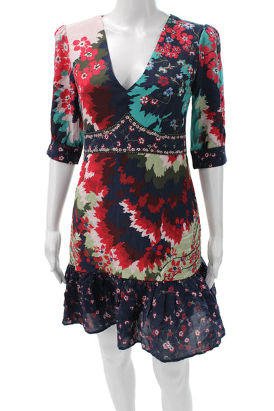 Saloni Women Fit & Flare Dress Short Multicolor Silk V-Neck 3/4 Sleeve Size 6