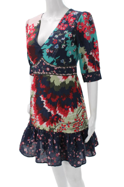 Saloni Women Fit & Flare Dress Short Multicolor Silk V-Neck 3/4 Sleeve Size 6