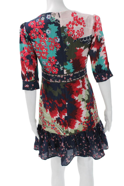 Saloni Women Fit & Flare Dress Short Multicolor Silk V-Neck 3/4 Sleeve Size 6