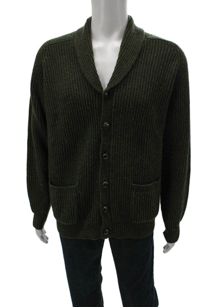 Lands End Mens Green Lambswool Collared Cardigan Long Sleeve Size M