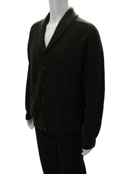 Lands End Mens Green Lambswool Collared Cardigan Long Sleeve Size M