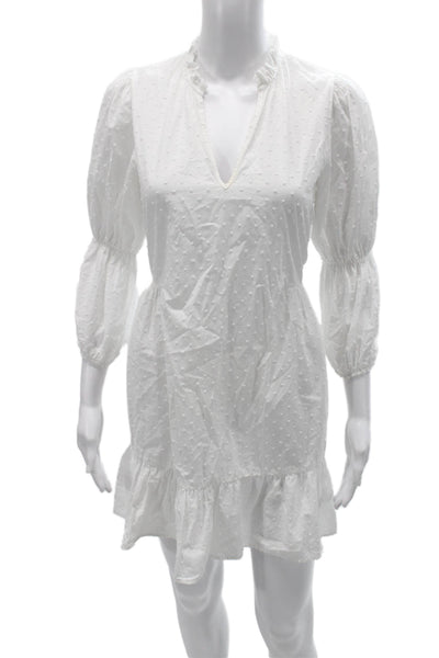 Zara Women Mini V-Neck Polka Dot Cotton Long Sleeve Dress White Size S