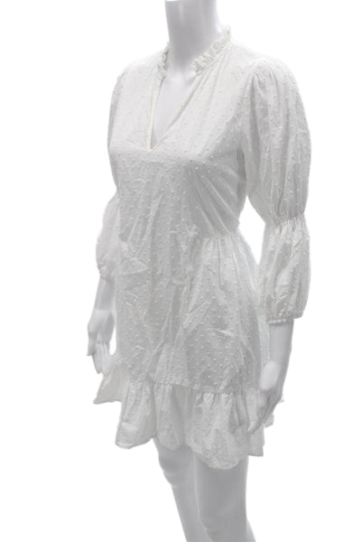 Zara Women Mini V-Neck Polka Dot Cotton Long Sleeve Dress White Size S