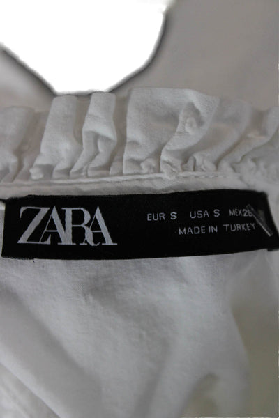 Zara Women Mini V-Neck Polka Dot Cotton Long Sleeve Dress White Size S