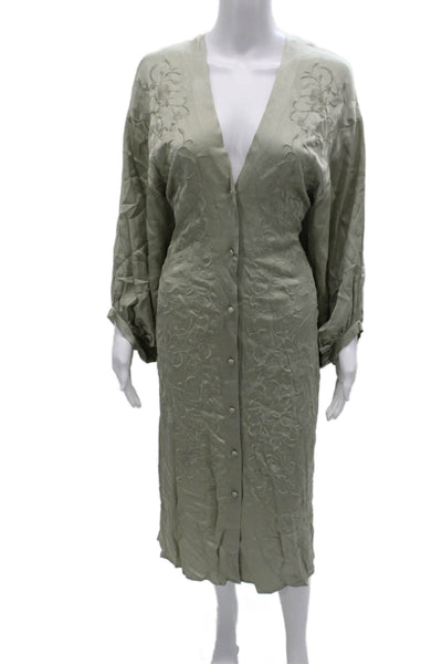 Zara Womens Shirt Dress Green Floral Long Sleeve VNeck Button Polyester Size XS