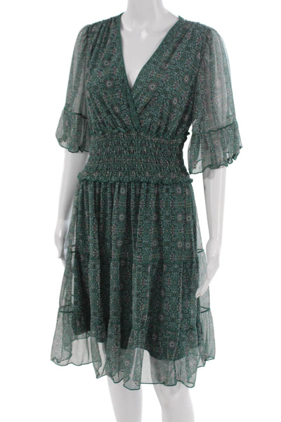 Max Studio Women Fit & Flare Green V-Neck Knee Length Dress Half Sleeve Size M