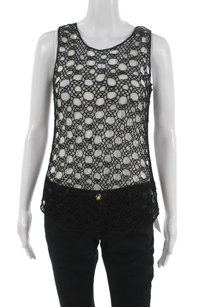 Eileen Fisher Women Knitted Crochet Top Black Geometric Round Neck Size M