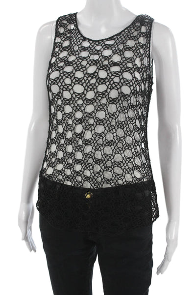 Eileen Fisher Women Knitted Crochet Top Black Geometric Round Neck Size M