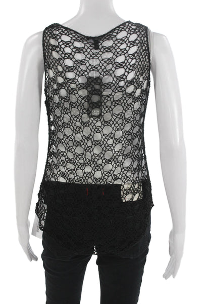 Eileen Fisher Women Knitted Crochet Top Black Geometric Round Neck Size M