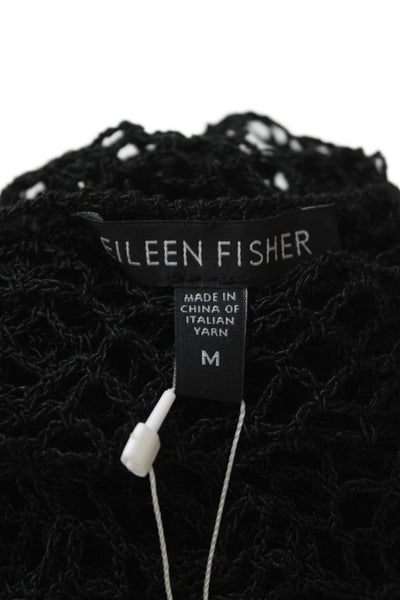 Eileen Fisher Women Knitted Crochet Top Black Geometric Round Neck Size M