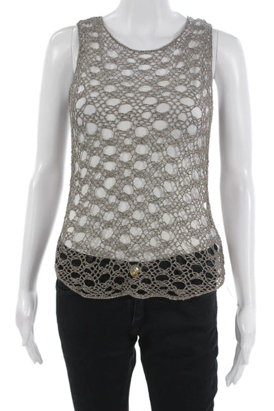 Eileen Fisher Women Knitted Crochet Taupe/Gray Round Neck Top Sleeveless Size S
