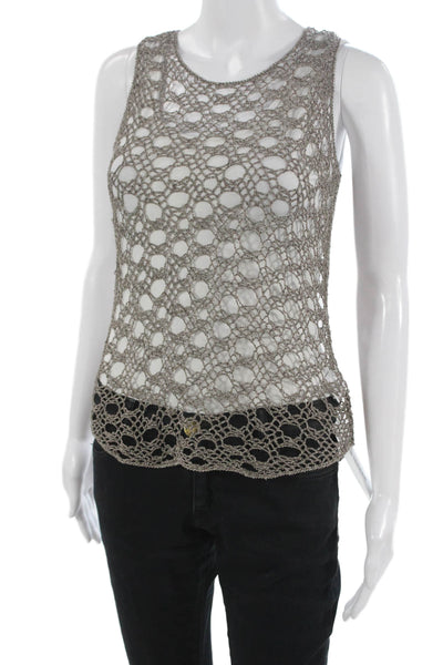 Eileen Fisher Women Knitted Crochet Taupe/Gray Round Neck Top Sleeveless Size S