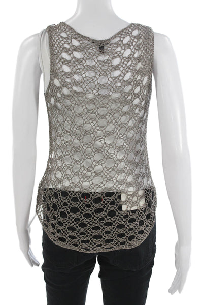 Eileen Fisher Women Knitted Crochet Taupe/Gray Round Neck Top Sleeveless Size S