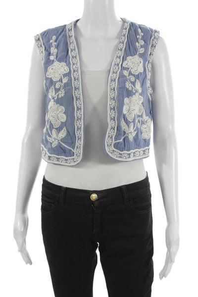 Zara Womens Quilted Floral Cotton Sleeveless Vest Blue Size S