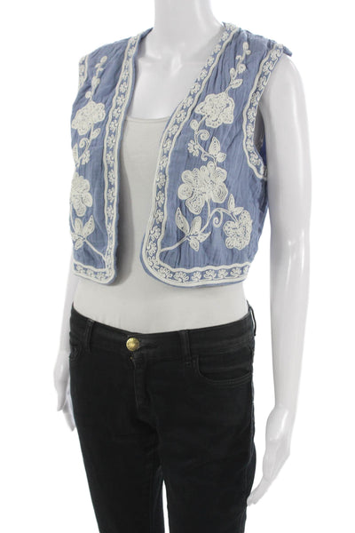 Zara Womens Quilted Floral Cotton Sleeveless Vest Blue Size S