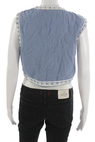 Zara Womens Quilted Floral Cotton Sleeveless Vest Blue Size S