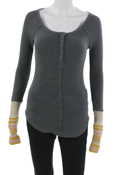 Free People Women Tunic Henley Long Sleeve Gray Cotton Button Size XS
