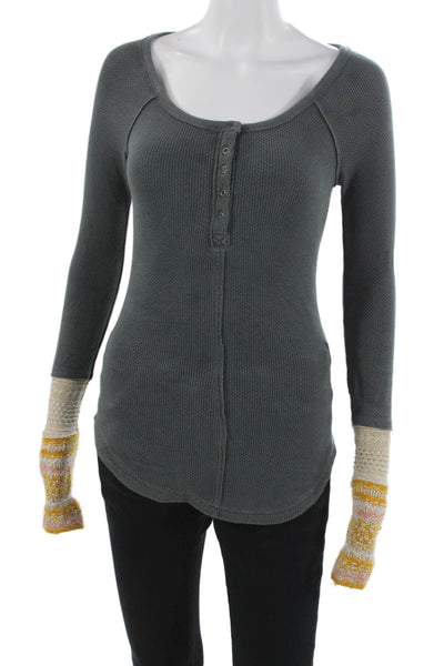 Free People Women Tunic Henley Long Sleeve Gray Cotton Button Size XS