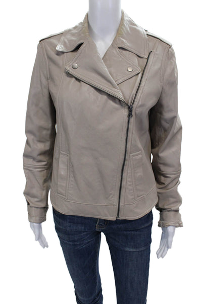 Vince Womens Biker Leather Jacket Beige Zip Long Sleeve Fall Size L