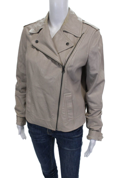 Vince Womens Biker Leather Jacket Beige Zip Long Sleeve Fall Size L