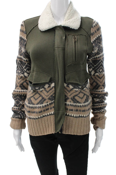 We The Free Women Military Jacket Green Cotton Fair Isle Zip Collar Size XS