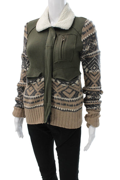 We The Free Women Military Jacket Green Cotton Fair Isle Zip Collar Size XS