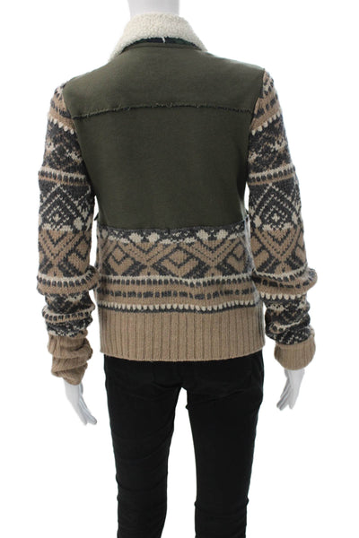 We The Free Women Military Jacket Green Cotton Fair Isle Zip Collar Size XS
