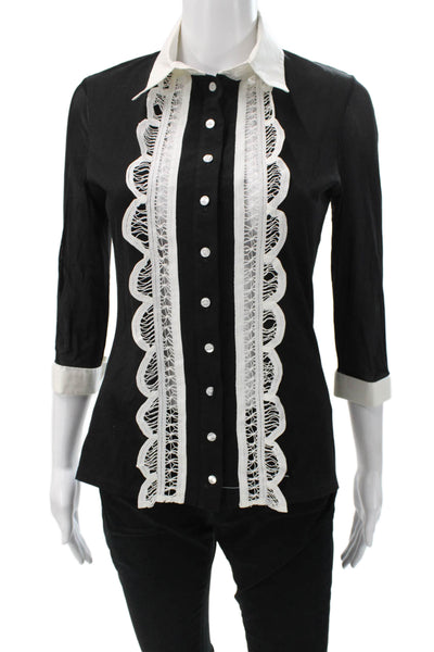Anne Fontaine Women Button-Up Cotton Collared 3/4 Sleeve Black Blouse Size 40