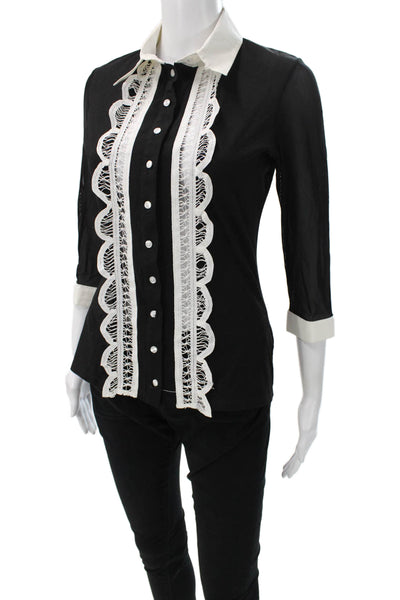 Anne Fontaine Women Button-Up Cotton Collared 3/4 Sleeve Black Blouse Size 40