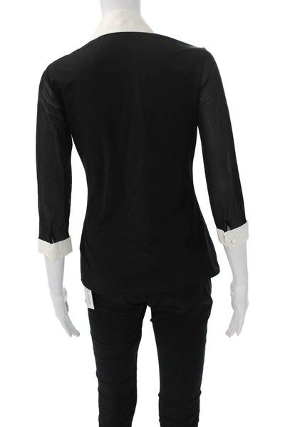 Anne Fontaine Women Button-Up Cotton Collared 3/4 Sleeve Black Blouse Size 40