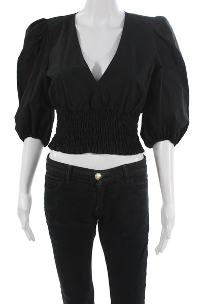 Intermix Women Cropped Blouse Black Cotton V Neck 3/4 Sleeve Size S