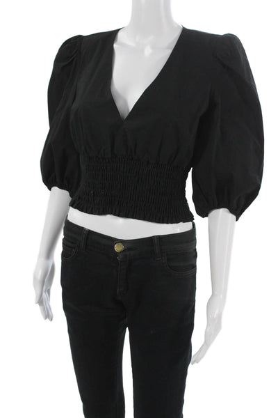Intermix Women Cropped Blouse Black Cotton V Neck 3/4 Sleeve Size S