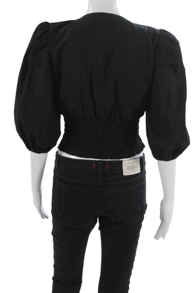 Intermix Women Cropped Blouse Black Cotton V Neck 3/4 Sleeve Size S