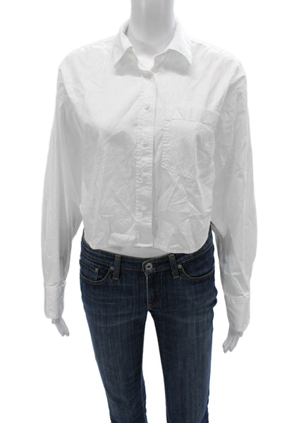 J Crew Women Cropped Collared Cotton Button-Up Top White Long Sleeve Size XS