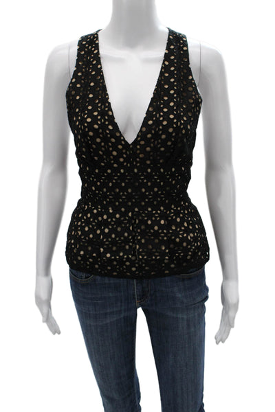 BCBGMAXAZRIA Womens Black Floral Cotton V-Neck Sleeveless Blouse Zip Size S