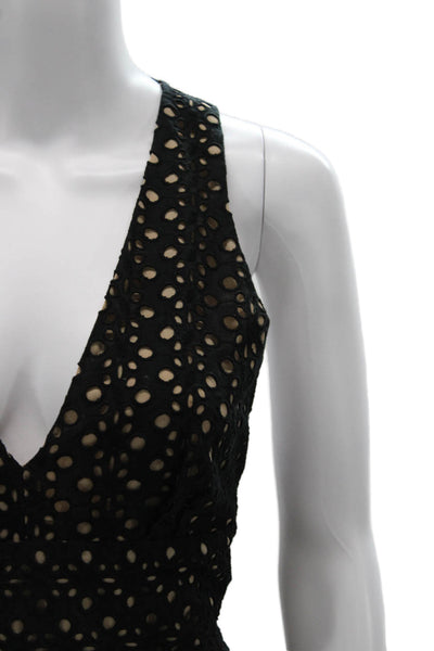 BCBGMAXAZRIA Womens Black Floral Cotton V-Neck Sleeveless Blouse Zip Size S