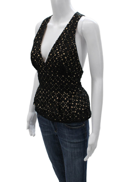 BCBGMAXAZRIA Womens Black Floral Cotton V-Neck Sleeveless Blouse Zip Size S