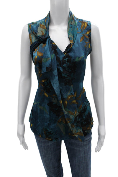Elie Tahari Women Silk Blend Floral V-Neck Sleeveless Blouse Blue Size S