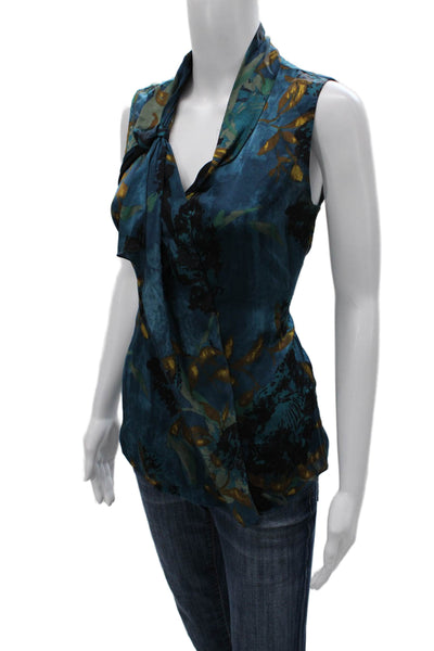 Elie Tahari Women Silk Blend Floral V-Neck Sleeveless Blouse Blue Size S