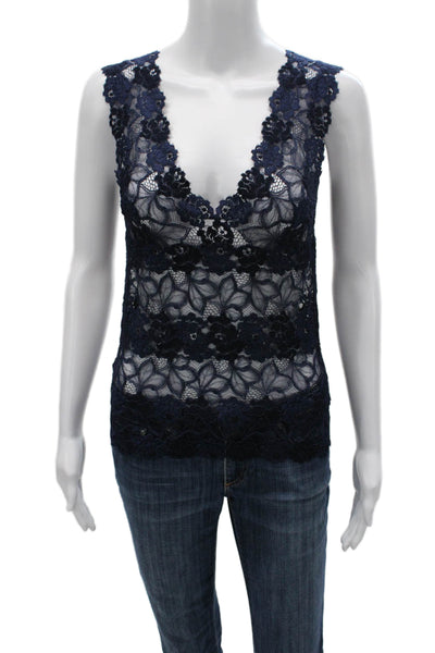 Josie Natori Women Basic Floral V Neck Spandex Sleeveless Tank Blue Size M